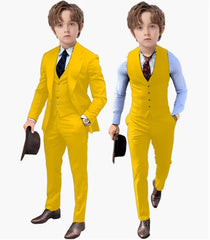 A young boy models a bright yellow three-piece suit consisting of a jacket, vest, and trousers.