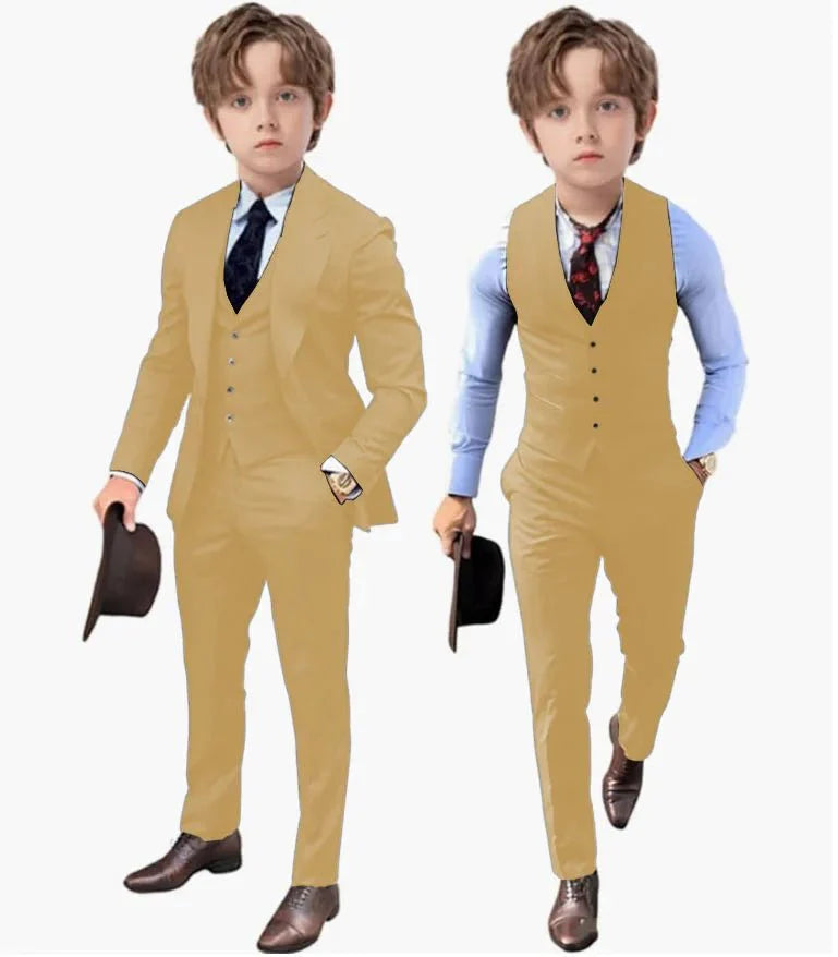 Two boys wearing tan three-piece suits with matching jackets, vests, and trousers.