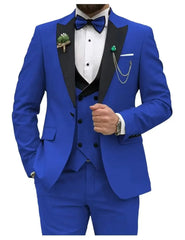 A royal blue three-piece slim fit suit featuring a black lapel, vest, and matching trousers.