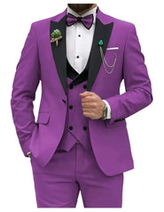 A three-piece purple suit featuring a black lapel blazer, matching vest, and trousers.