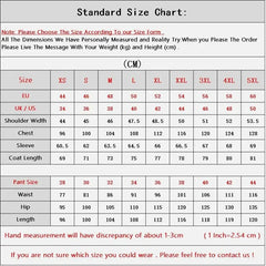A size chart table for men's suits listing measurements in centimeters for various sizes.