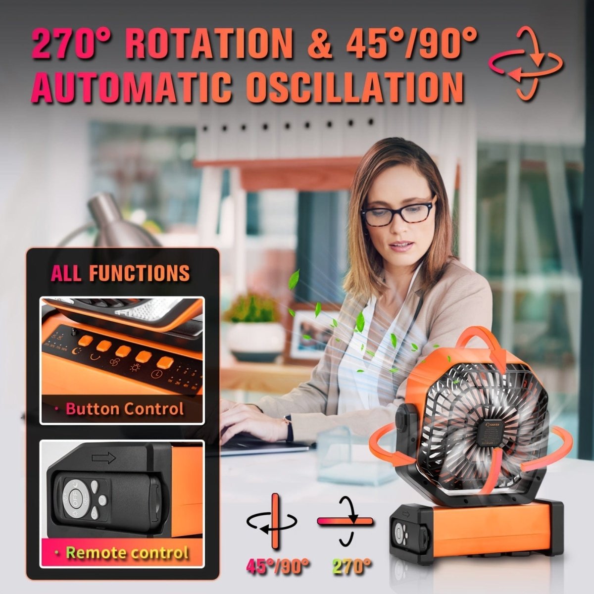 Saker Rechargeable Camping Fan - 20000mAh Battery Powered Tent Fans With LED Lantern, Hanging Hook, Auto - Oscillating, Quiet Portable Ceiling Table Fan For Car Travel RV Camp Hurricane Emergency - SHOWLU FASHION STORE