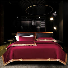 Satin 1200TC Egyptian Cotton Luxury Bedding Set, Gold Embroidery, Queen, King, Duvet Cover, Flat/Fitted Bed Sheet, Pillowcases - SHOWLU FASHION STORE