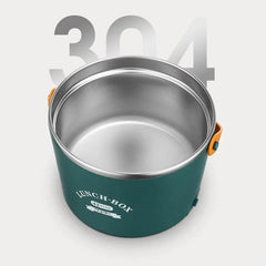 A green electric lunch box with a stainless steel interior and orange side handles.