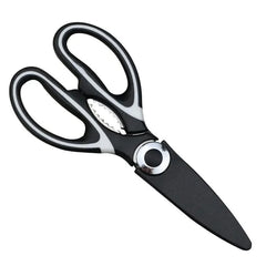Stainless steel kitchen scissors with black and white ergonomic handles and a built-in nutcracker.