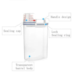 A transparent plastic food storage container with a measuring cup lid, handle, and locking seal.