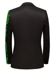 A black men's blazer with a green sequined stripe on the left sleeve, shown from the back.