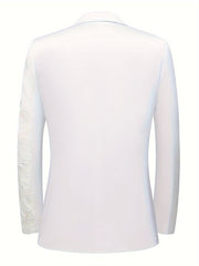 A white men's blazer featuring a single-button closure, lapel collar, and sequin-adorned sleeves.