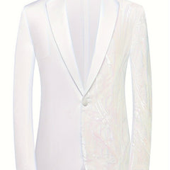 A white men's blazer featuring a single-button closure and a half-sequined panel.