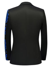 A black men's suit jacket featuring a blue sequined stripe down the left sleeve.