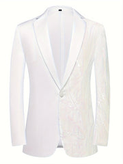 A men's white single-button blazer featuring a solid left side and a sequined right side.