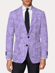 A men's slim fit purple blazer featuring a black floral line art print and two-button closure.