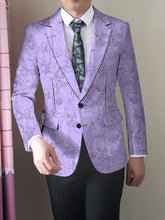 A men's slim fit purple blazer featuring a black floral line art print and a two-button closure.