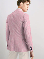 A man wears a slim-fit purple blazer featuring a white floral line-art print.