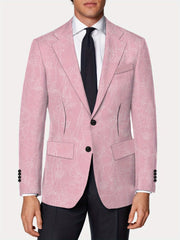 A slim fit purple blazer featuring a white floral line art print and a two-button closure.