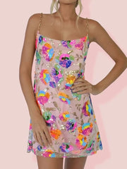 Sequin Sexy Elegant Dress Women Chain Spaghetti Strap Low Cut Backless Short Dress Summer Bohemian Party Dresses Female - SHOWLU FASHION STORE