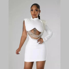 Sexy Club Party Night Pearl String Dresses for Women Skinny Slim Full Sleeve Elegant Dress Birthday Party Vestidos Mini Dresses - SHOWLU FASHION STORE