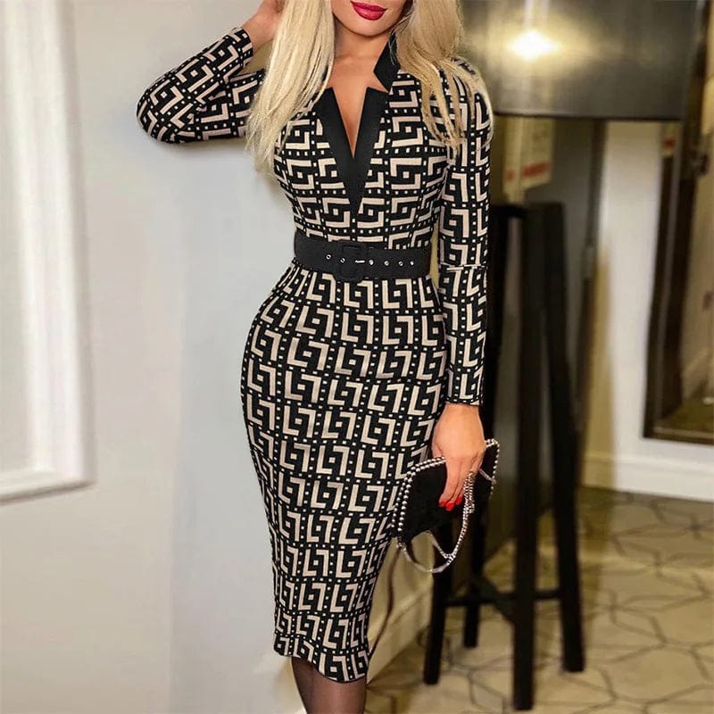 A woman wears a long-sleeve, V-neck midi pencil dress featuring a geometric pattern and a belt.