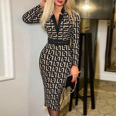 A woman wears a long-sleeve, V-neck midi pencil dress featuring a geometric pattern and a belt.