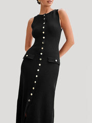 A sleeveless black ribbed maxi dress featuring a round neckline and a full-length button placket.