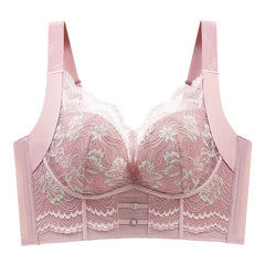 A pink wire-free lace bra with wide straps and a front-closure design.