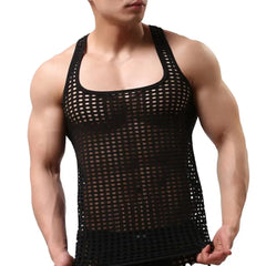 Sexy Men Vest Hollow Out Mesh Sleepwear Fish Net Pure Color Vest - SHOWLU FASHION STORE