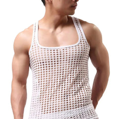 Sexy Men Vest Hollow Out Mesh Sleepwear Fish Net Pure Color Vest - SHOWLU FASHION STORE