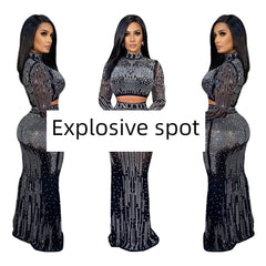 A two-piece set featuring a long-sleeve cropped top and a floor-length skirt covered in rhinestones.