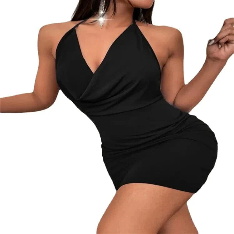 Sexy Mini Dress Lace Up Strap Pure Silod Party Club Elegant Y2K Hang Neck Hollow Backless Straples V Neck Elegant Evening Dresse - SHOWLU FASHION STORE