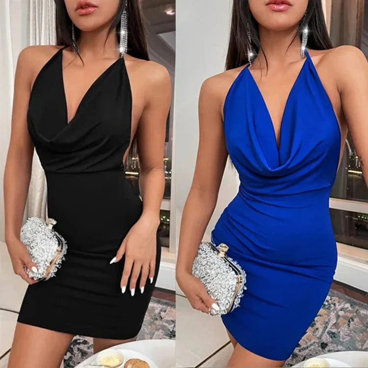 Sexy Mini Dress Lace Up Strap Pure Silod Party Club Elegant Y2K Hang Neck Hollow Backless Straples V Neck Elegant Evening Dresse - SHOWLU FASHION STORE