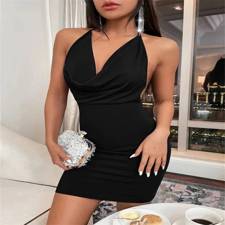 Sexy Mini Dress Lace Up Strap Pure Silod Party Club Elegant Y2K Hang Neck Hollow Backless Straples V Neck Elegant Evening Dresse - SHOWLU FASHION STORE