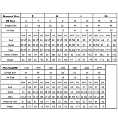 A size chart table for wedding dresses listing measurements in inches and centimeters.