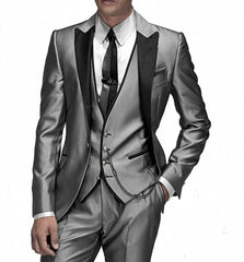 A shiny grey three-piece suit featuring a black-trimmed jacket, vest, and matching trousers.
