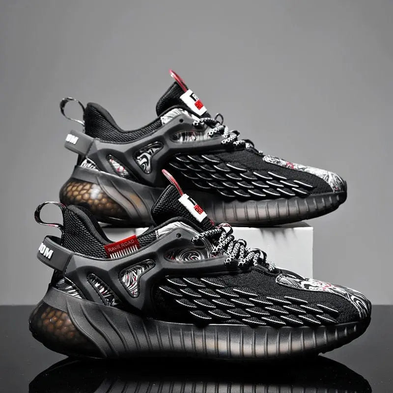 The shoes men Sneakers Male are black luxury men's loafers with intricate white and red patterns, mesh-style side details, and chunky black soles, shown against a neutral gray background.