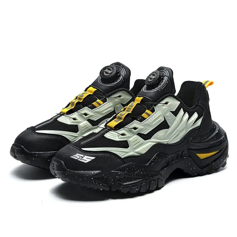 Experience modern style with these men's luxury lace-free sneakers, featuring black soles, mesh, light gray overlays, and yellow accents. A contemporary twist on height-increasing fashion loafers and running shoes.