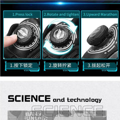 Three-step instructions for shoes men Sneakers: 1. Press the dial lock; 2. Rotate to tighten; 3. Pull up to release. Blue labels and arrows show each step on these lace-free fashion loafers for men.