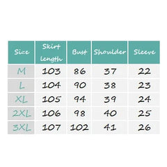 A size chart for a women's short-sleeved dress listing measurements for M through 3XL sizes.