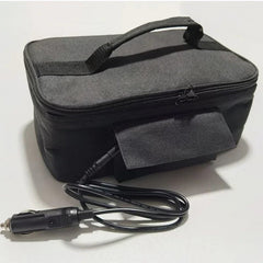A black portable car food warmer bag with a handle and a 12V cigarette lighter power cord.
