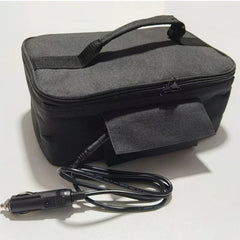 A black portable car food warmer bag with a handle and a 12V cigarette lighter power cord.
