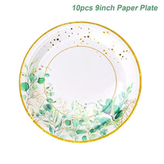 A round paper plate featuring a sage green leaf pattern and a gold rim.