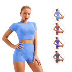 A woman wears a blue seamless short-sleeve crop top and high-waisted shorts fitness set.