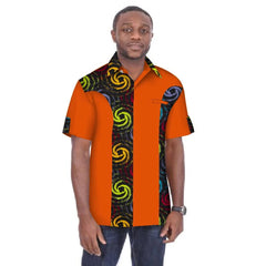 A man wears a short-sleeve orange shirt with a vertical patterned panel and a collared neckline.
