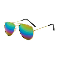 Children's pilot-style sunglasses with a gold metal frame and colorful mirrored lenses.