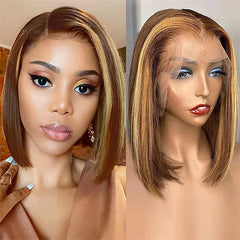 A straight bob wig with blonde highlights shown on a person and a mannequin head.