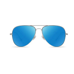 Children's pilot-style sunglasses with a silver metal frame and blue mirrored lenses.