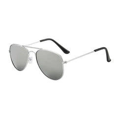 Silver-framed aviator sunglasses for children with reflective mirror lenses.