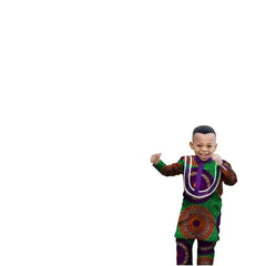 A young boy wears a long-sleeved, multi-colored African dashiki outfit with a purple collar.