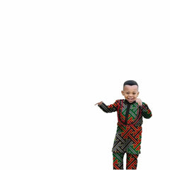 A young boy wears a long-sleeved, slim-fit African dashiki outfit with a colorful geometric pattern.