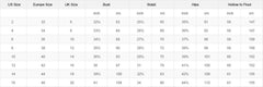 A size chart table for women's formal dresses showing US, Europe, and UK sizing with measurements.