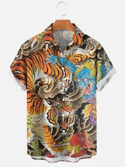 A short-sleeved button-down shirt featuring a vibrant Japanese-style tiger and demon print.